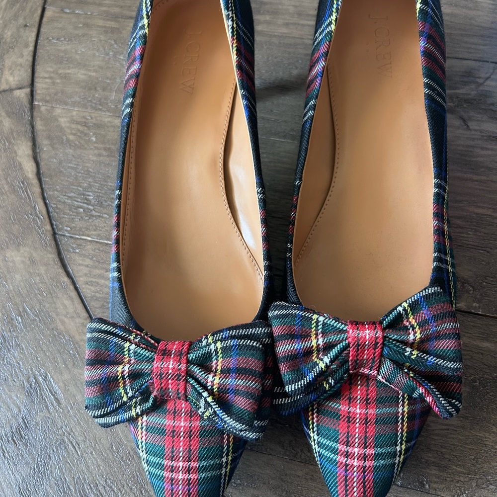 J. Crew Women's Tartan Bow Flats - Red, Black, and Green